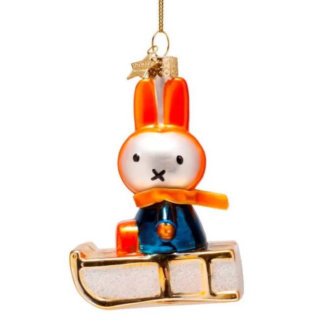 Vondels kerstornament glas Nijntje op arrenslee H11cm Oranje