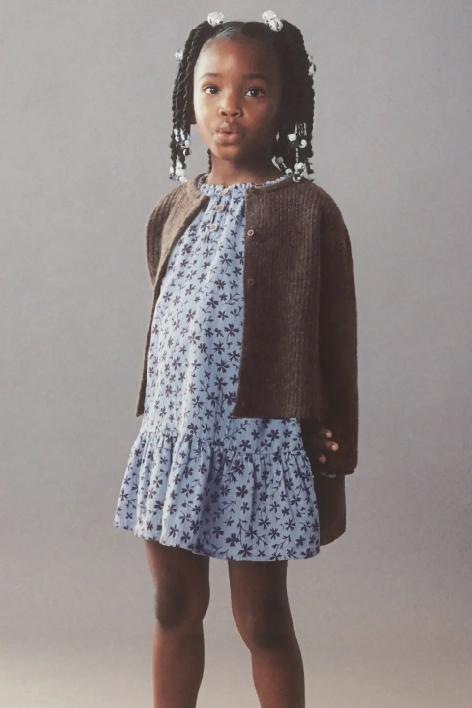 Mango Kids korte jurk met ruches en bloemenprint lichtblauw Lichtblauw/bruin