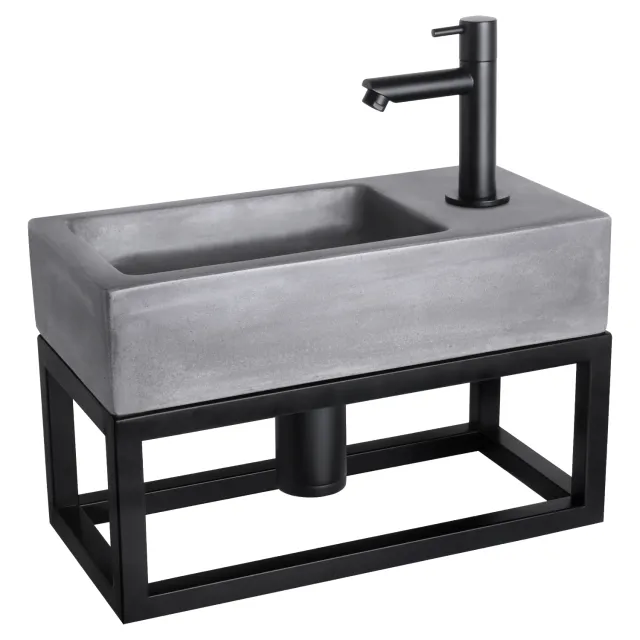 Differnz Fonteinset Differnz Ravo Beton en Handoekrek 38.5x18.5x9 cm Donker Grijs Met Rechte Kraan Mat Zwart