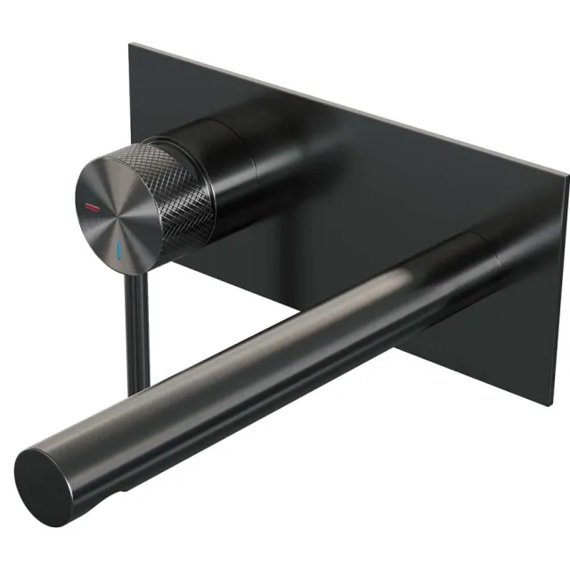 Brauer Inbouw Wastafelmengkraan Brauer Gunmetal Carving Coldstart Rechte Uitloop Ronde Hendel Links Geborsteld Gunmetal Met Afdekplaat
