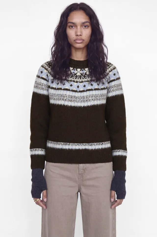 JJXX gebreide gestreepte jacquard trui met wol - donkerbruin