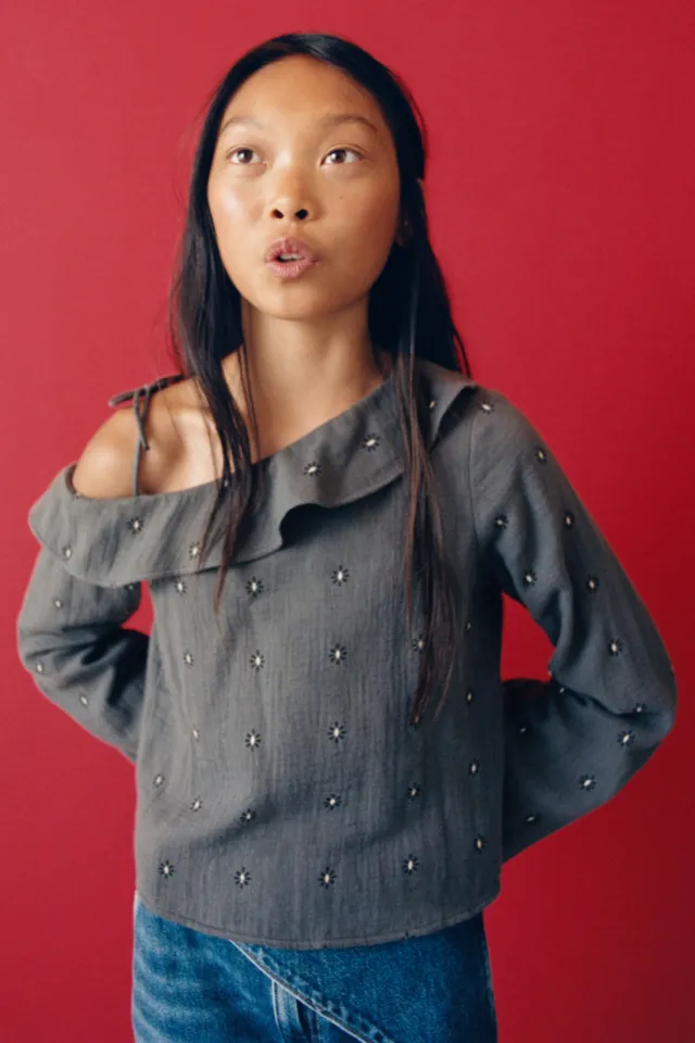 Mango one shoulder gebloemde top met ruches grijs