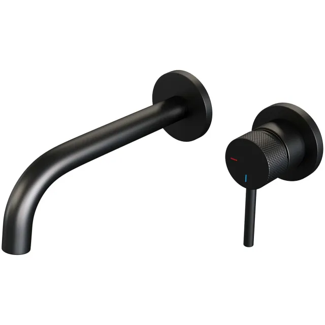 Brauer Inbouw Wastafelmengkraan Brauer Black Carving Coldstart Gebogen Uitloop Ronde Hendel Rechts Mat Zwart Met Rozetten