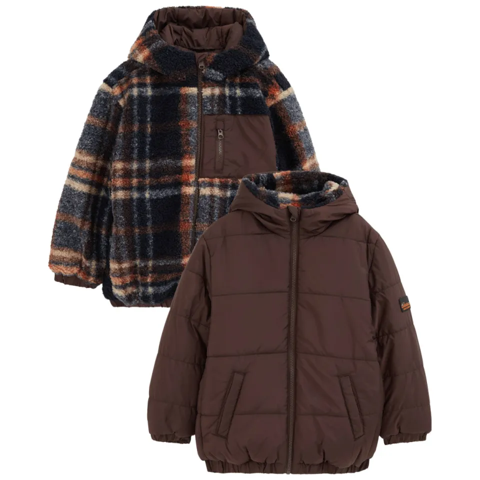 WE Fashion geruite teddy winterjas bruin, foto 2