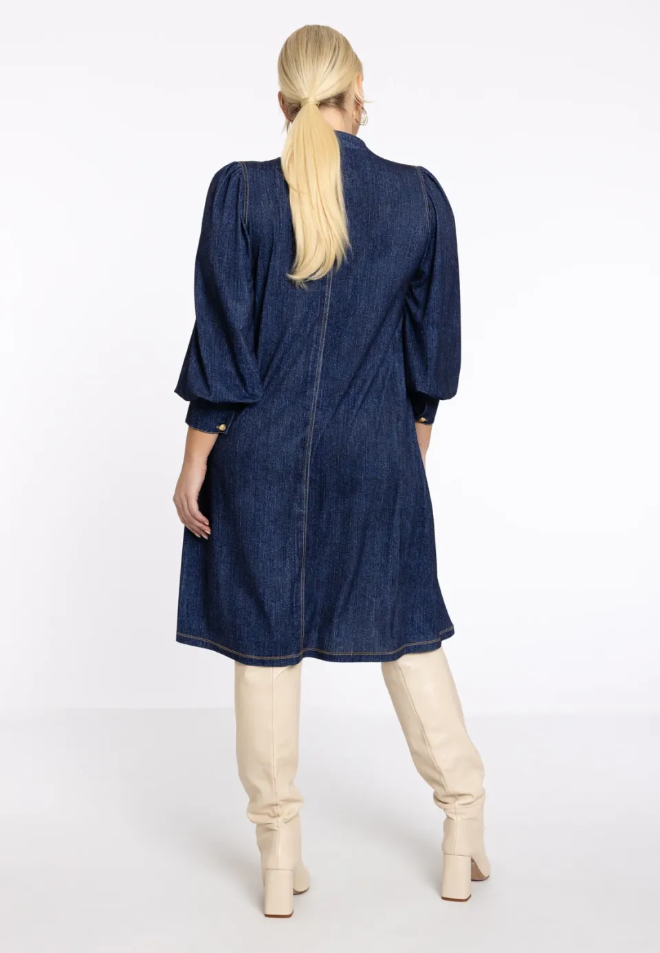 Yoek jurk met strik denim donkerblauw, foto 3