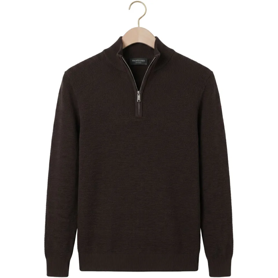 Profuomo Heren Truien & Vesten Pullover Half Zip Twinkle Slub Structure - Bruin, foto 2