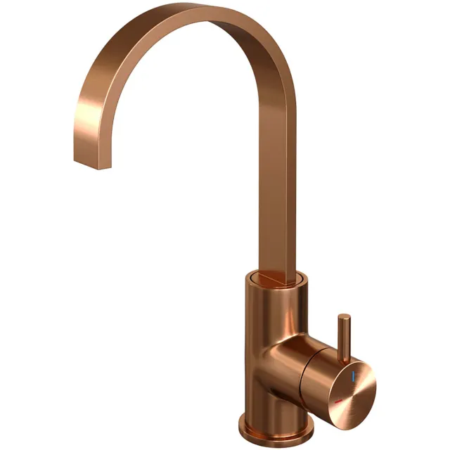 Brauer Wastafelmengkraan Brauer Copper Edition Coldstart Opbouw Hoog Plat Gebogen Korte Ronde Hendel Geborsteld Koper PVD
