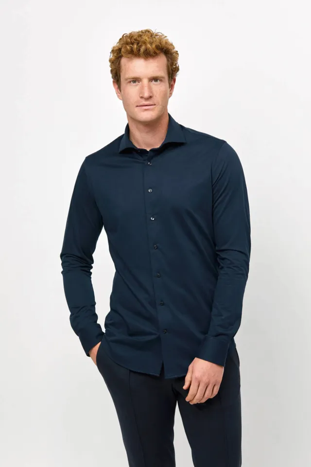 Profuomo slim fit strijkvrij overhemd met extra lange mouw navy donkerblauw