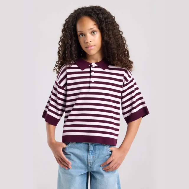 America Today gebreide gestreepte polo - donkerrood Donkerrood/lichtroze