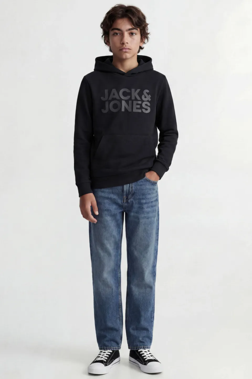 Jack & Jones JUNIOR hoodie JJECORP met logo zwart