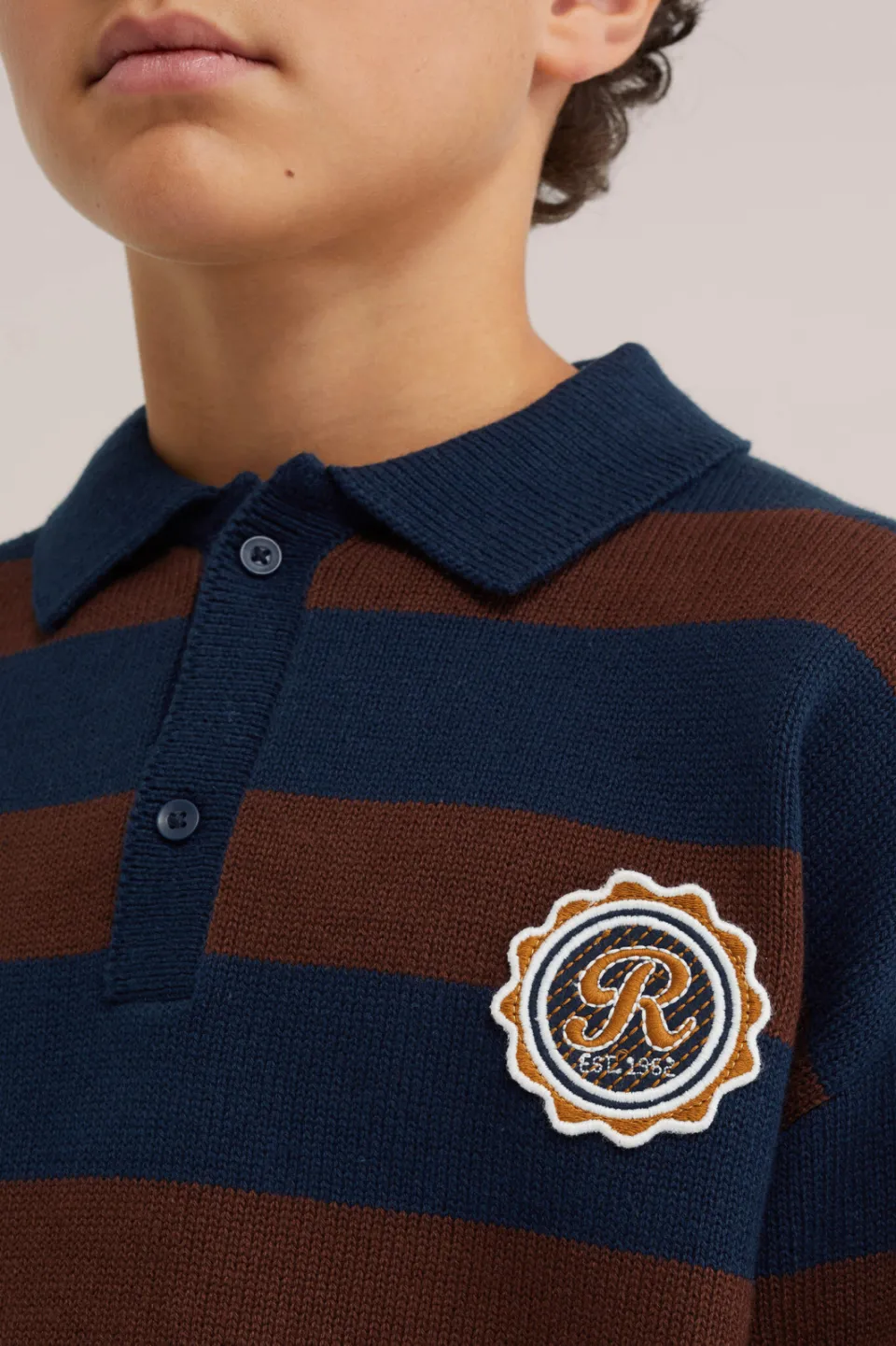 WE Fashion katoenen gebreide gestreepte trui met patches - donkerblauw/bruin, foto 7