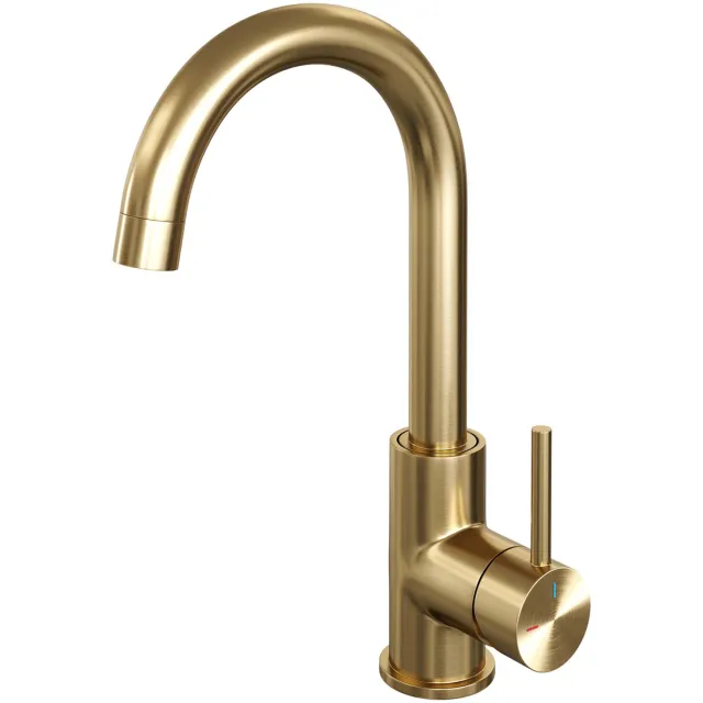 Brauer Wastafelmengkraan Brauer Gold Edition Coldstart Opbouw Hoog Gebogen Ronde Hendel Geborsteld Goud PVD