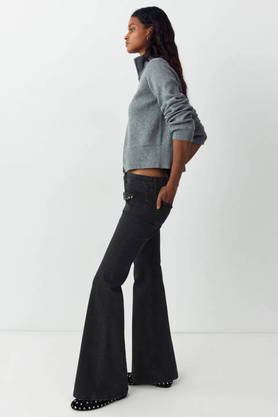 Mango TEEN low waist flared jeans met studs - grey denim, foto 4