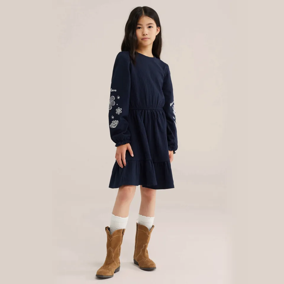 WE Fashion korte jurk met borduursels donkerblauw
