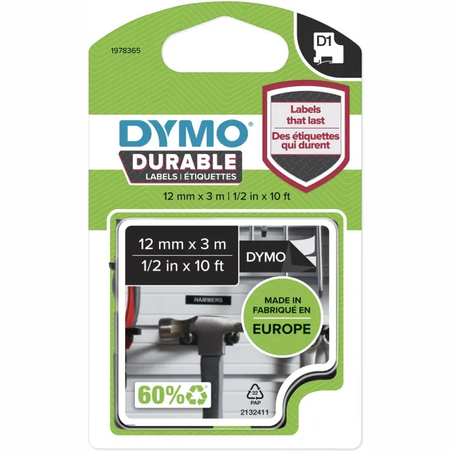Labeltape dymo labelmanager d1 polyester 12mm wit Op zwart, foto 2