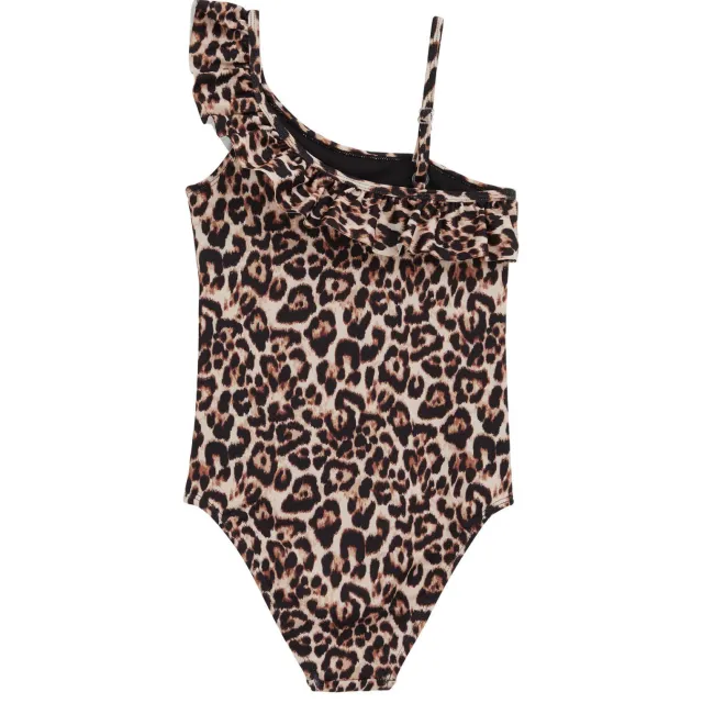 WE Fashion one shoulder badpak met ruches en panterprint beige/bruin