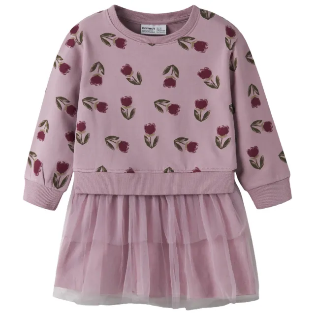 NAME IT MINI gebloemde midi sweatjurk oudroze