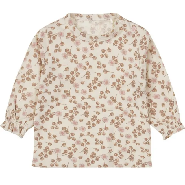Dirkje longsleeve met all over print en ruches lichtbruin/roze/ecru