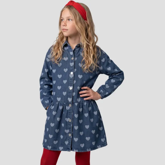 Me & My Monkey spijkerjurk met hartjesprint donkerblauw Donkerblauw/lichtblauw