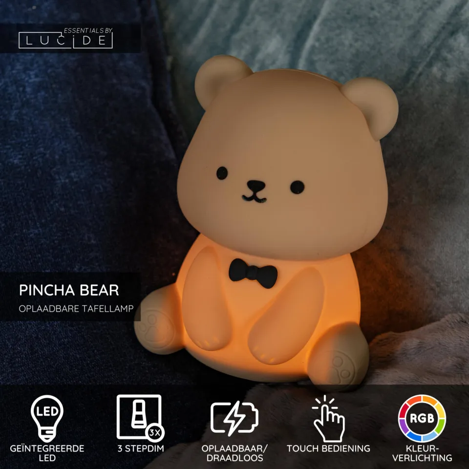 Lucide PINCHA BEAR - Oplaadbaar nachtlampje kinderkamer - Accu/Batterij - LED 3 StepDim - 1x0,5W 2100K - RGB - Bruin | Essential, foto 4
