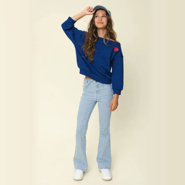 LOOXS 10sixteen gestreepte flared jeans light blue denim Lichtblauw / wit