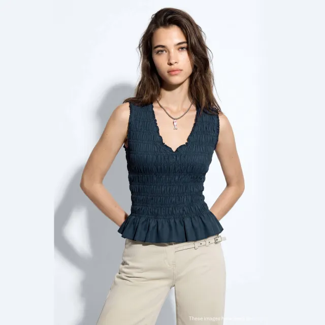Mango Teen top met peplum en smockwerk donkerblauw
