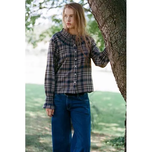 Mango geruite blouse met ruches donkerblauw, foto 4