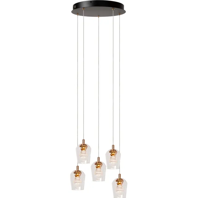 Lucide BERLIANE - Hanglamp - Ø 34 cm - LED Dimb. - 5x4W 2700K - Met vervangbare LED-module - Transparant | Essential Transparant, Goud