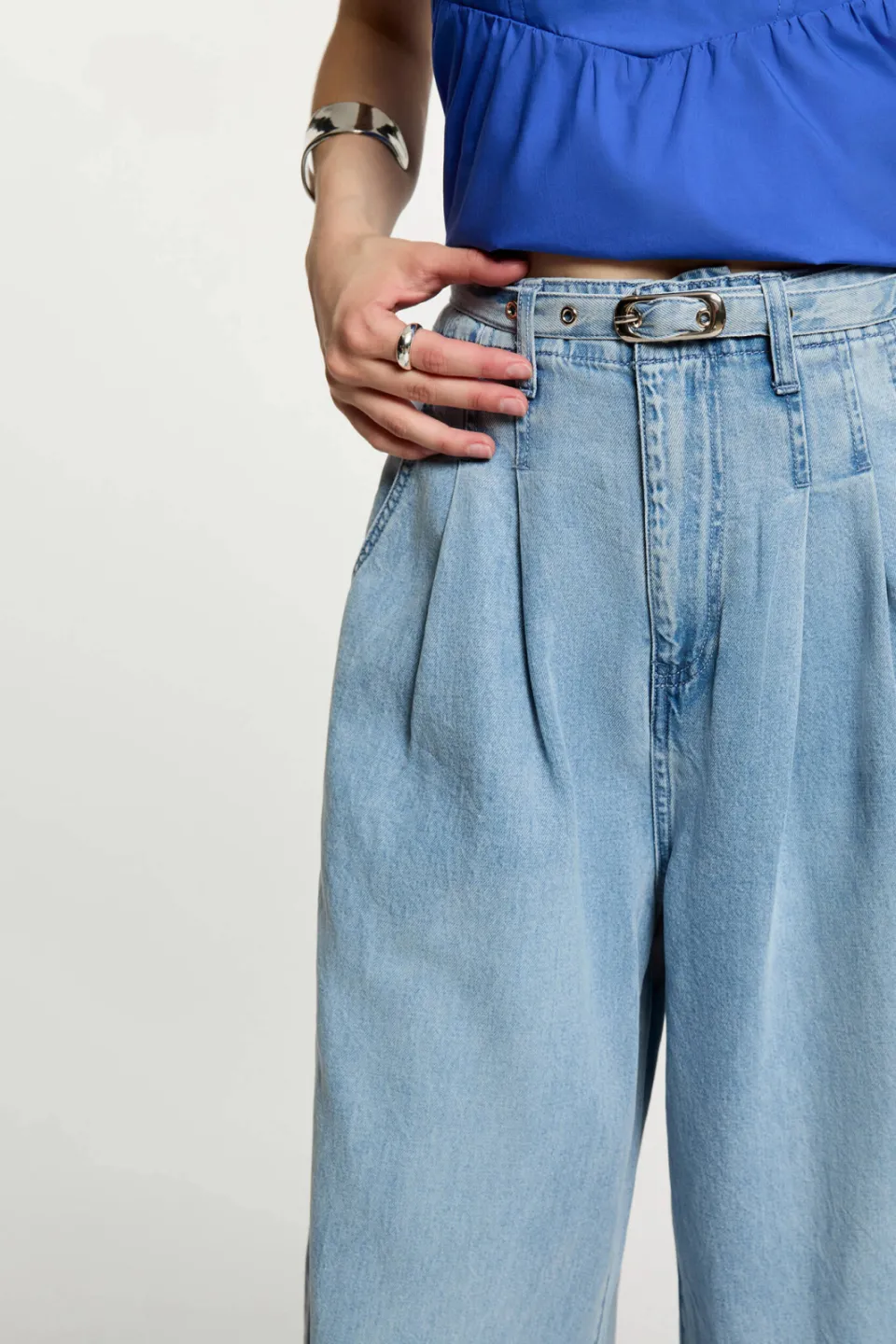 Morgan high waist wide leg jeans met ceintuur - lichtblauw, foto 5