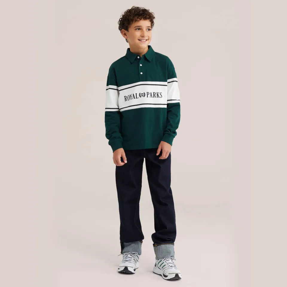 WE Fashion polo longsleeve groen/wit