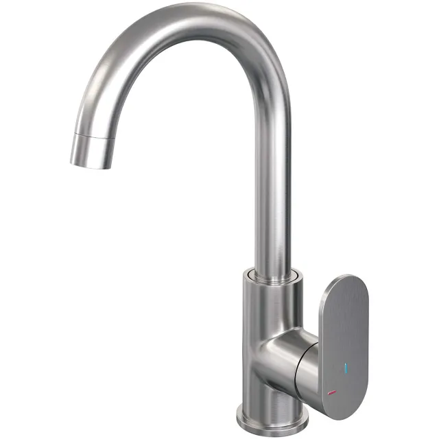 Brauer Wastafelmengkraan Brauer Brushed Edition Coldstart Opbouw Hoog Gebogen Platte Hendel Geborsteld RVS PVD