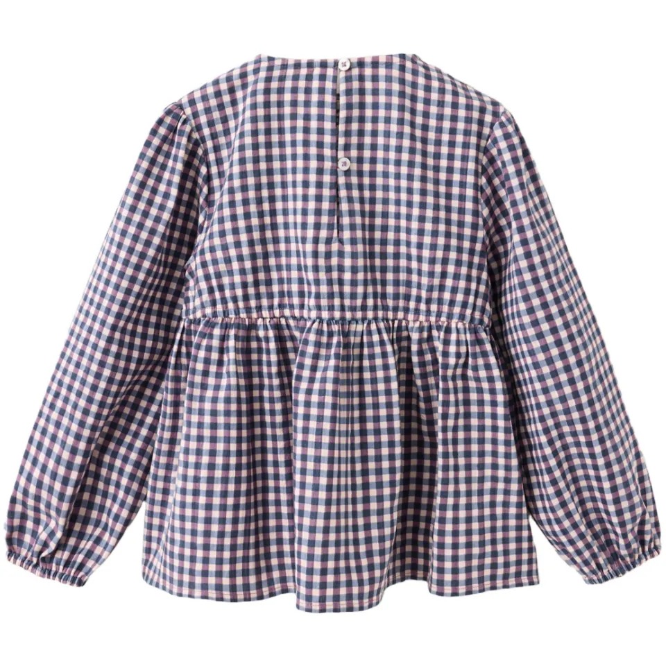 Mango geruite blousetop met smockwerk roze blauw paars, foto 4