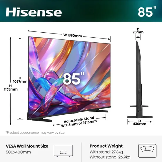 Hisense 85E79S televisie zwart, foto 4