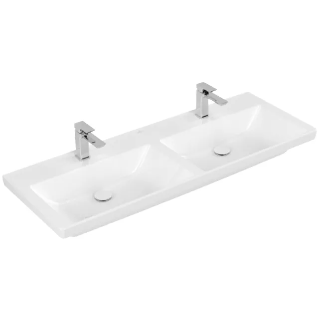 Villeroy & Boch Wastafel Villeroy & Boch Subway 3.0 Dubbele Wasbak Met CeramicPlus 0 Kraangaten Zonder Overloop 130x47x16.5 cm Wit Alpin