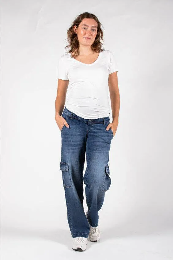 LOVE2WAIT low waist zwangerschaps cargo jeans stonewashed