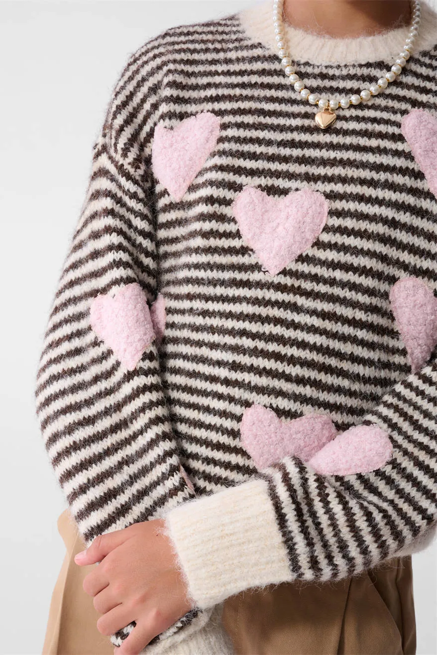Shoeby gebreide gestreepte trui met hartjes en wol - zwart/wit/roze, foto 5
