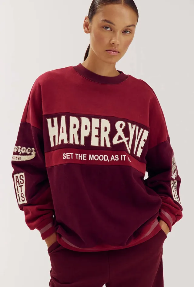 Harper & Yve katoenen oversized trui met borduursels en logo - wijnrood Bordeaux