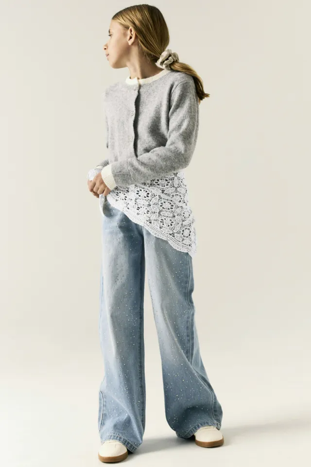 NAME IT KIDS NKFBELLA wide leg jeans met strass-steentjes en print - lichtblauw Light blue denim