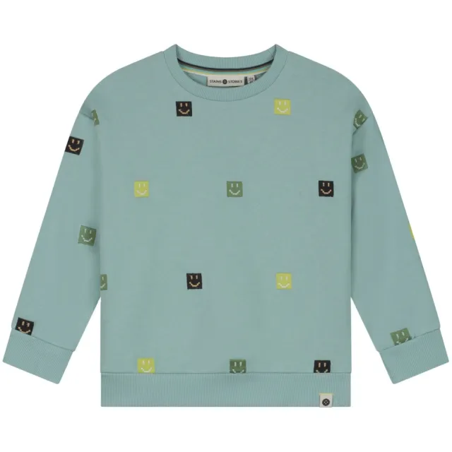Stains&Stories sweater met borduursels - lichtblauw Lichtblauw/limegroen/groen