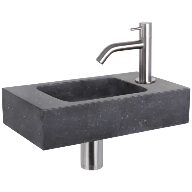 Differnz Fonteinset Differnz Bombai Natuursteen 40x22x9 cm Zwart Met Gebogen Kraan Mat Chroom