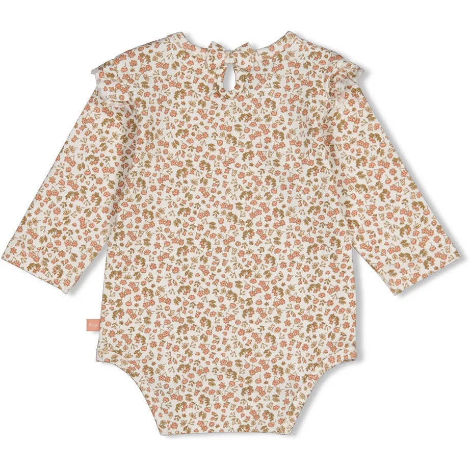 Feetje gebloemde romper met ruches - ecru/roze/olijfgroen
