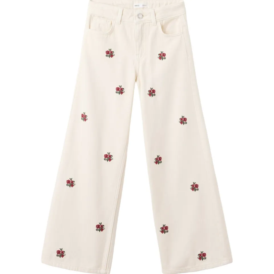 Mango Kids regular waist wide leg gebloemde jeans met borduursels - ecru/rood, foto 2