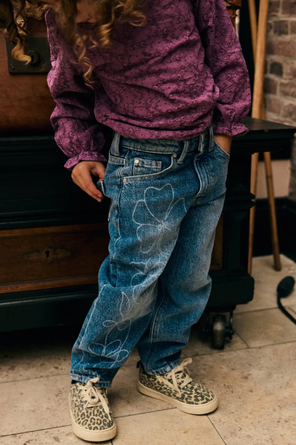Daily7 barrel gebloemde jeans - mediumblauw Medium blue denim