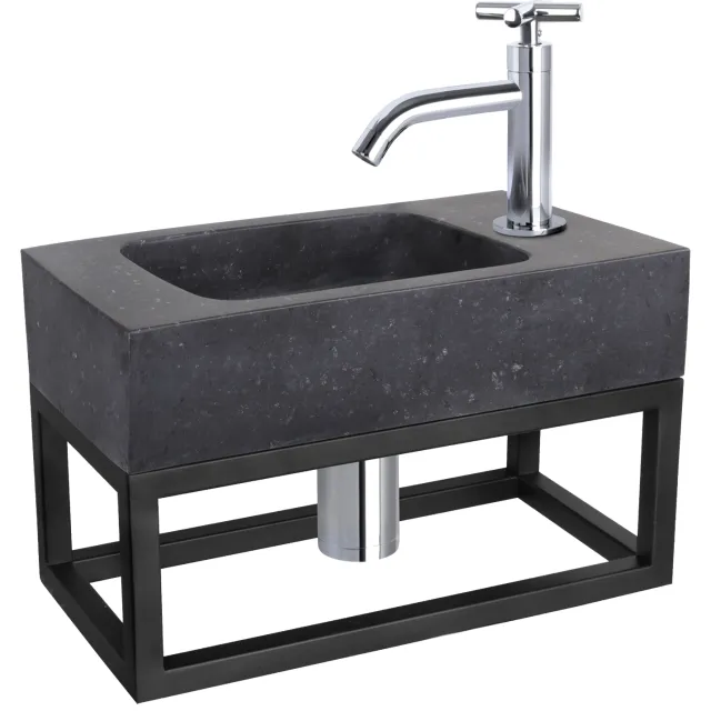 Differnz Fonteinset Differnz Bombai Natuursteen en Handoekrek 40x22x9 cm Zwart Met Gebogen Kruis Kraan Chroom