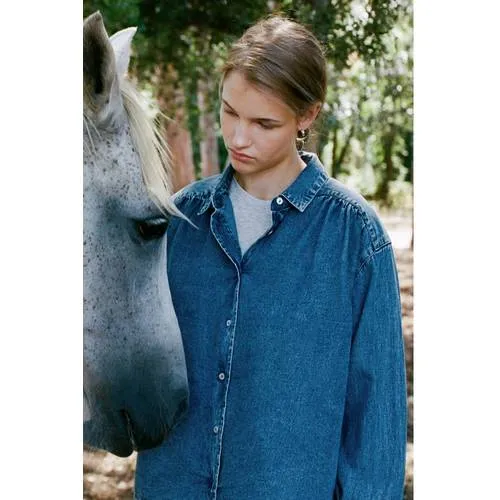 Mango denim blouse met plooien medium blue denim, foto 5