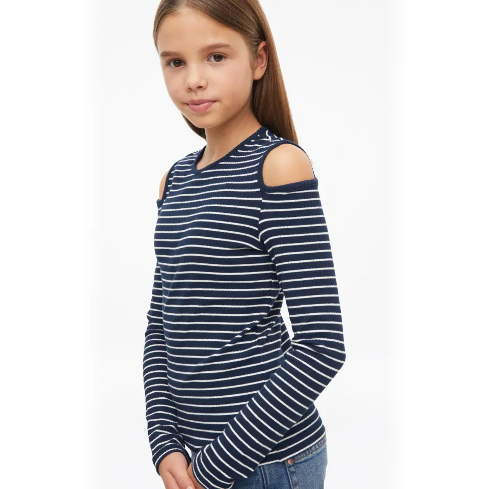 s.Oliver gestreepte longsleeve met cut-out donkerblauw/wit, foto 4
