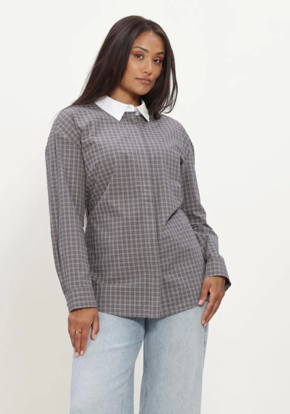 Modström getailleerde geruite blouse grijs, foto 6
