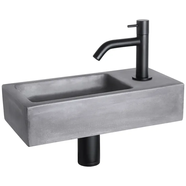 Fonteinset Differnz Ravo Beton 38.5x18.5x9 cm Donker Grijs Met Gebogen Kraan Mat Zwart