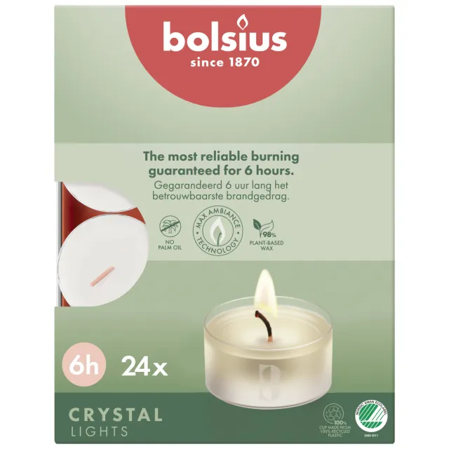 Bolsius clearcup theelicht transparant 24 stuks transparant/wit