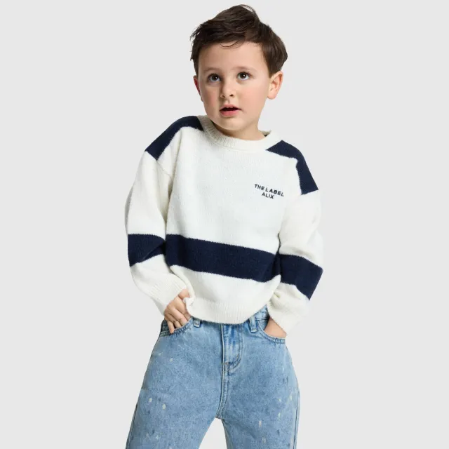 Alix The Label Alix Mini oversized gebreide trui met backprint - ecru Ecru/donkerblauw